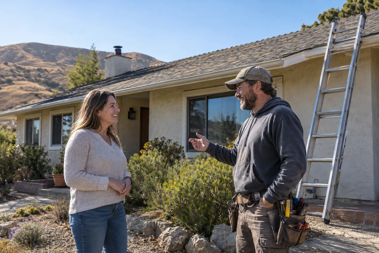 Older stucco ranch home with a worn roof in Riverside